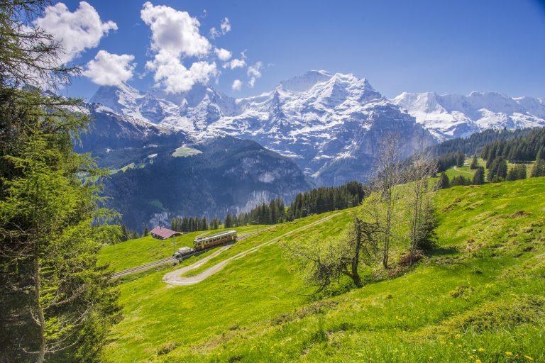 The image shows a traincar on the single track railway headed toward the snow capped mountains and the town of Murre